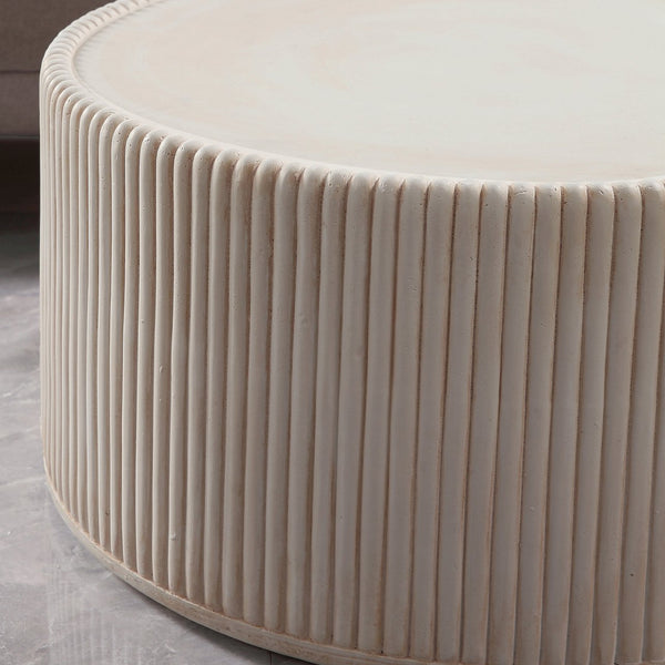 English Elm Off-white Fluted Drum Round Coffee Table Sculptural Magnesium Oxide Living Room Accent W5351P456935