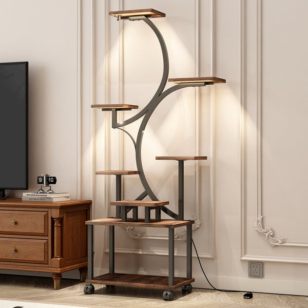 English Elm Plant Stand with Full Spectrum Grow Lights 8 Tier S Shaped Iron Corner Display Rack Black+Brown W2641P446499