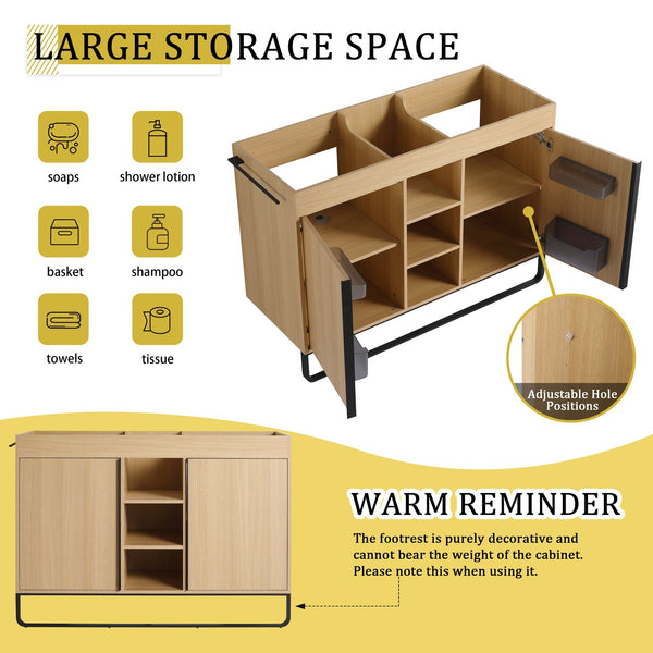 English Elm 48" Freestanding Bathroom Vanity Cabinet with 2 Soft-Close Doors, 3 Open Shelves, Towel Hanger, Boxes Designed for Organized Storage W999P376885
