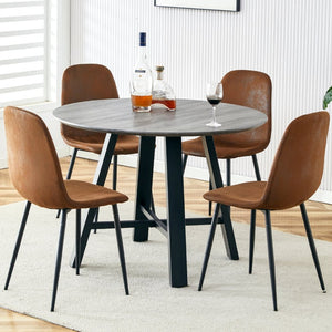 English Elm Table Modern Minimalist 42" Round Dining Set With 4 Ergonomic Brown Chairs & Black Metal Legs W1151S04062-GIGA