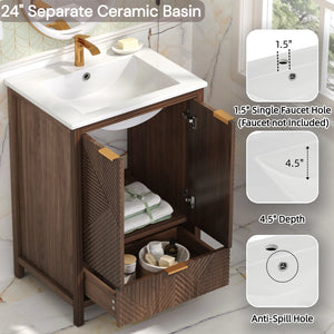 English Elm Christopher Knight Home® - 24 24-Inch Bathroom Vanity with Ceramic Sink, Textured Panels, Soft-Close Drawer & Large Storage Brown N817P339017B