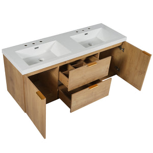 English Elm [video]59.3 Inch Wall Mounted Double Sink Vanity Wood Grain Mdf Soft Close Storage N729P000027N
