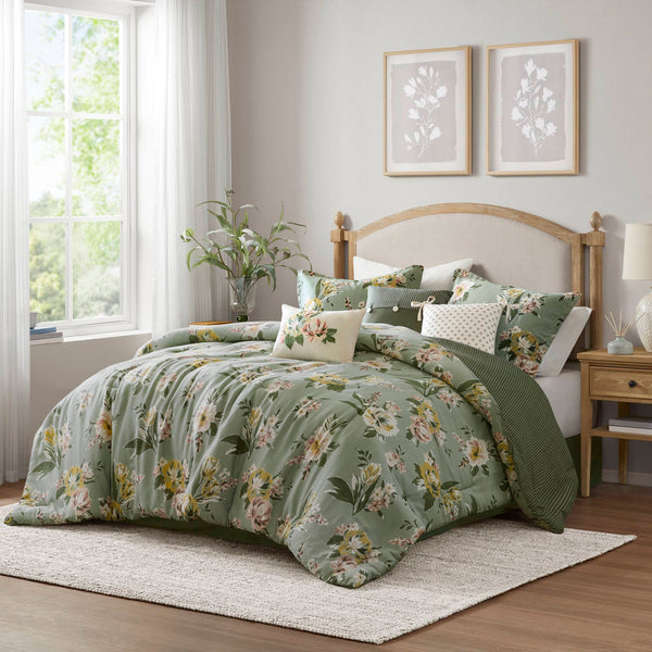 English Elm 7-piece Cal King Vintage Floral Comforter Set with Reversible Stripe and Bed Skirt B035P440214