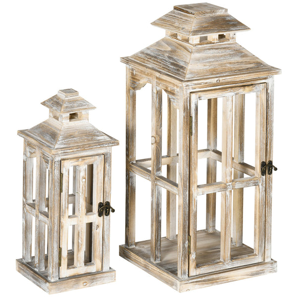 English Elm Homcom Fir Wood Rustic Lantern Set of Two Farmhouse Decor for Mantel or Porch W2225P217278