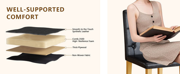 English Elm 4-pack PU dining chairs with ergonomic buckle backrest, gold metal legs, high-density sponge comfort Black+Gold W1151P295705