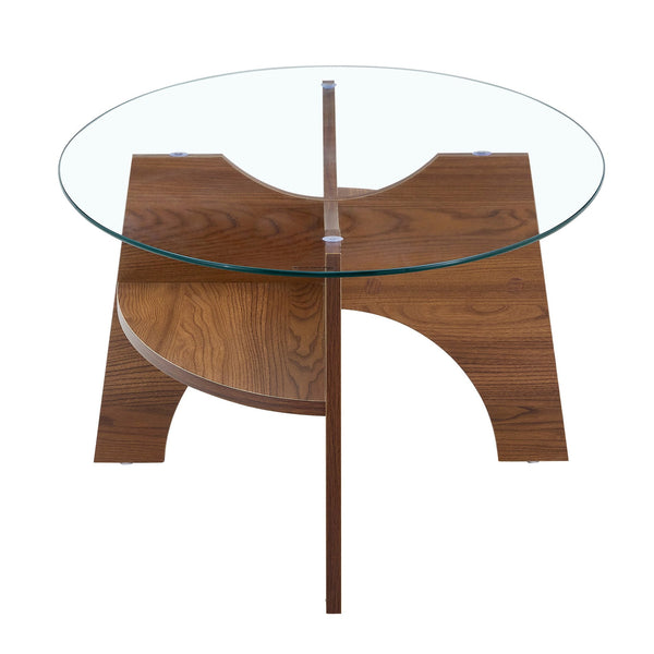 English Elm Oval Tempered Glass Coffee Table with Wood Grain Legs and Built-in Fan Tray Shelf W1151P256008