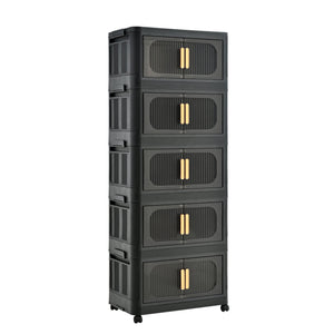 English Elm Black,20" Versatile 5-Tier Folding Storage Cabinet With Wheels, Magnetic Door For Easy Access & Organization W2873P239385
