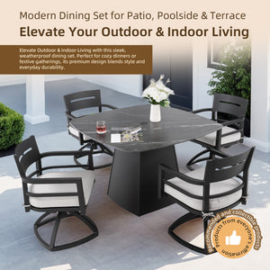 English Elm 5-Piece Outdoor Pedestal Dining Set With Swivel Rockers, Sintered Stone Table, Sunbrella Cushions & More! W1886S00032