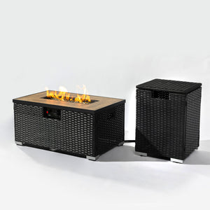 English Elm 32" Outdoor Propane Fire Pit Table with Ceramic Top, 50,000 BTU Stainless Steel Burner, Wicker Base and Tank Cover Dark Gray W853P202194