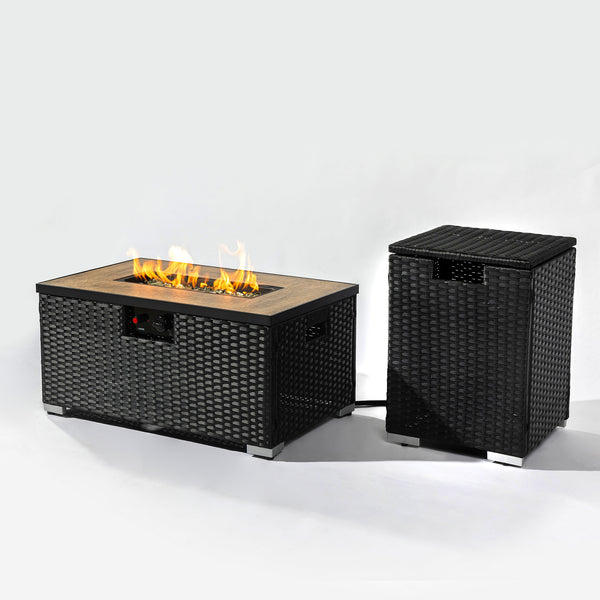 English Elm 32" Outdoor Propane Fire Pit Table with Ceramic Top, 50,000 BTU Stainless Steel Burner, Wicker Base and Tank Cover Dark Gray W853P202194