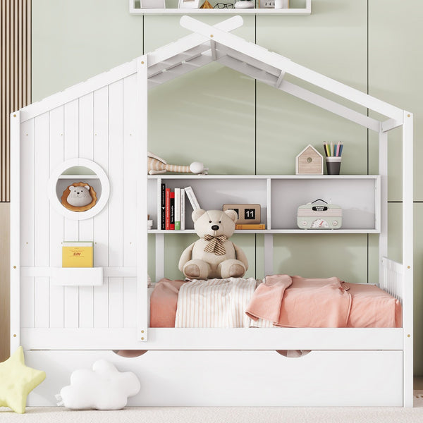 English Elm Wooden Full Size House Bed with Trundle and Built-In Shelves — Modern Pine Frame, Whimsical Roof Design White 57.2 L x 16.25 W x 5.9 H N733S316125K