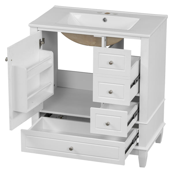 English Elm Christopher Knight Home® - 30" Freestanding Bathroom Vanity with Ceramic Sink, Soft-Close Door, Gold Knobs & 3 Drawers, Durable Painted Finish White N759P225994K