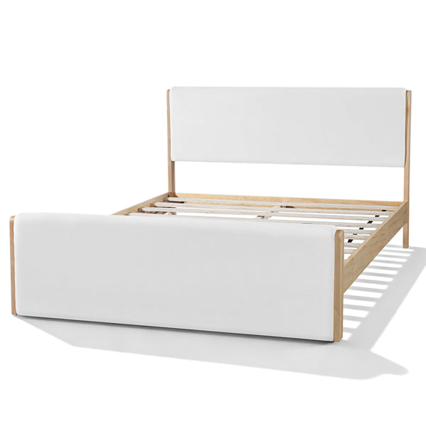 English Elm Queen Platform Bed Natural Wood Frame Beige Upholstered Headboard Low Profile N758Q909899N