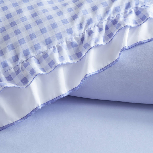 English Elm 3-piece Cottage Gingham Comforter Set with Ruffle Trim and Round Throw Pillow Blue B035P463185