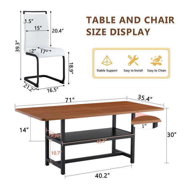 English Elm Table And Chair Set - 71" Walnut Grain Dining Table With 6 White Pu Chairs & Black Metal Legs W1151S04276-GIGA