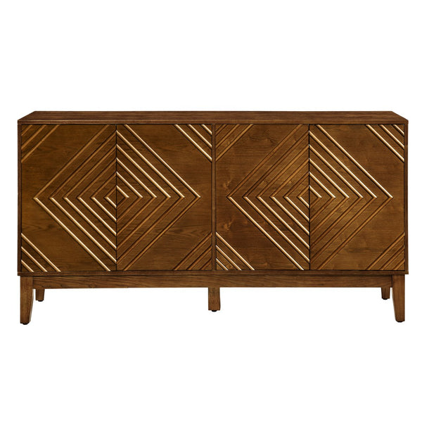 English Elm 60.5'' Buffet Cabinet with Fluted Geometric Doors, Mid-Century Sideboard with Adjustable Shelves & Outlet Holes Walnut Brown W1801P288506