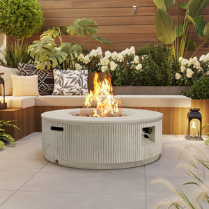 English Elm U_style Round Mgo Propane Fire Pit 50000 Btu Sculptural Outdoor Patio Table with Lava Rocks Beige N711P410549A