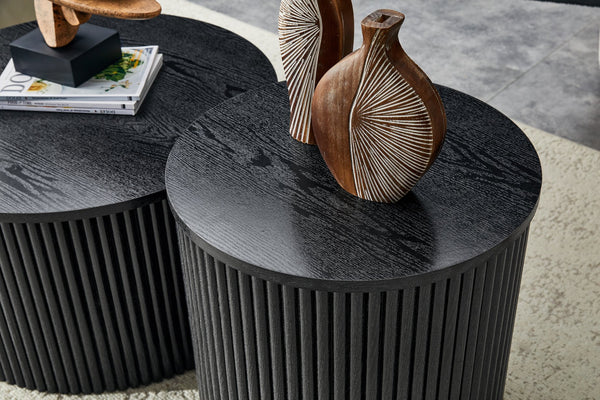 English Elm 2-piece Nesting Round Tables Roman Column Base with Storage Black Wood Grain Living Room W3875P396796