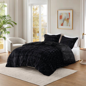 English Elm 3 Piece Shaggy Faux Fur Comforter Set Plush Lodge Style Hypoallergenic Bedding Black B035P319600