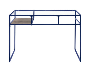 English Elm Yasin Modern Glass Top Writing Desk in Blue Finish with Metal Sled Base and Open Storage Shelf B2726P256257