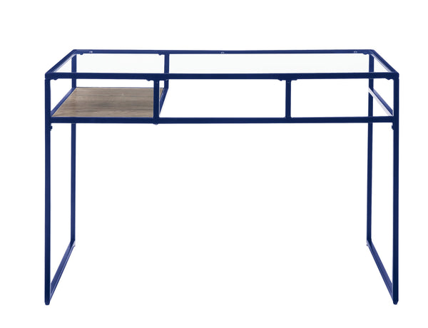 English Elm Yasin Modern Glass Top Writing Desk in Blue Finish with Metal Sled Base and Open Storage Shelf B2726P256257