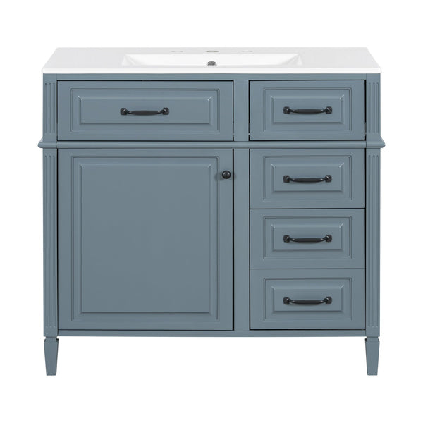 English Elm 36-Inch Modern Bathroom Vanity With Ceramic Sink Top, Storage Drawers, And Stylish Blue Gray Finish N725P350849E