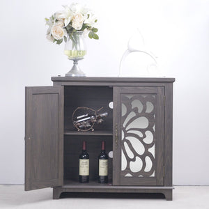 English Elm Elegant Mirrored Sideboard with Butterfly Carved Doors Wood Grain Finish Dining Storage Dark Brown W2899P372739