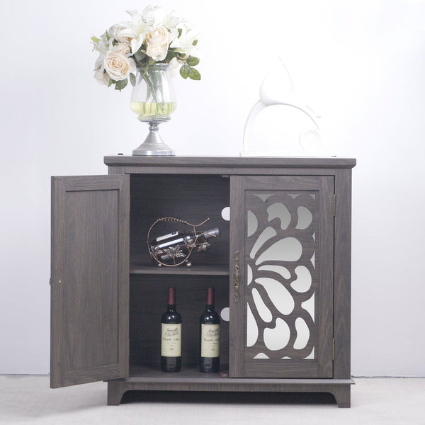 English Elm Elegant Mirrored Sideboard with Butterfly Carved Doors Wood Grain Finish Dining Storage Dark Brown W2899P372739