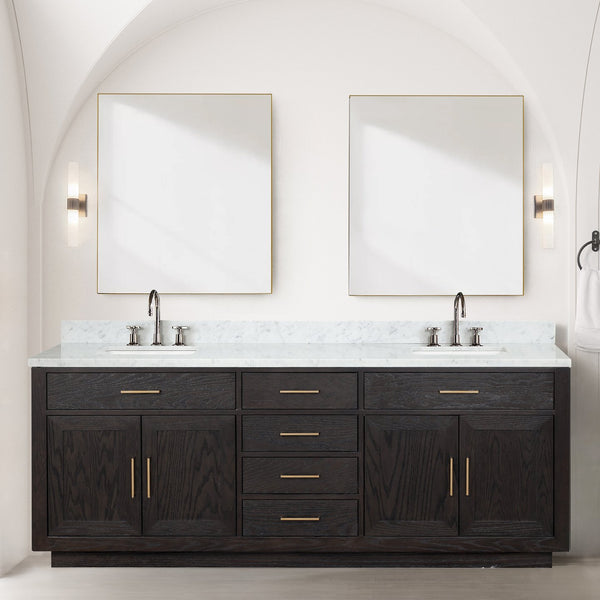 English Elm Black Oak Double Bath Vanity Set With Carrara Marble Top, Chrome Faucets & 36-Inch Mirrors Included B2731S02181