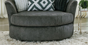 English Elm Gun Loughlin Swivel Chair Gun Metal Finish Curved Padded Arms Wooden Legs Reversible Cushions 59" B2741P380824