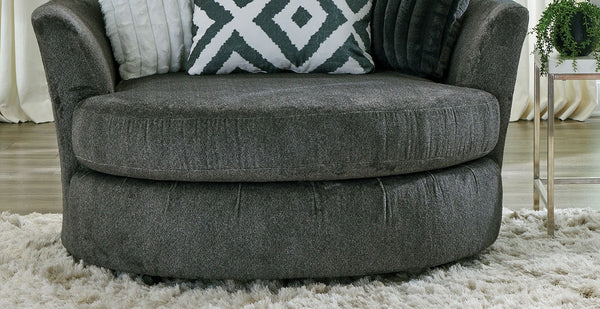 English Elm Gun Loughlin Swivel Chair Gun Metal Finish Curved Padded Arms Wooden Legs Reversible Cushions 59" B2741P380824