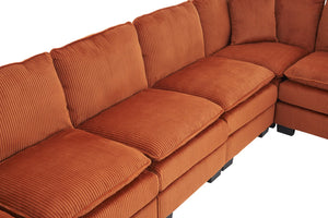 English Elm Modern U Shaped 6-Seat Sectional Sofa with Ottoman and 3 Toss Pillows, Corduroy Modular Comfort and Durable Frame Orange W2363S00043