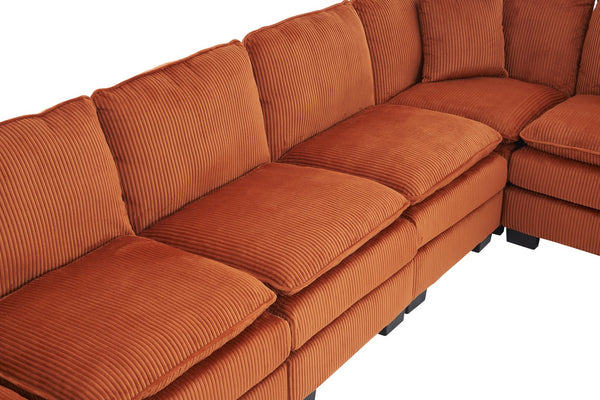 English Elm Modern U Shaped 6-Seat Sectional Sofa with Ottoman and 3 Toss Pillows, Corduroy Modular Comfort and Durable Frame Orange W2363S00043