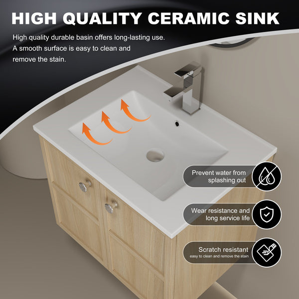 English Elm 24" Modern Wall Vanity with Ceramic Sink, Oak Plywood Cabinet, 2 Soft-Close Doors, Handles Included W1972S00021