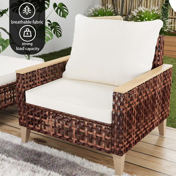 English Elm High Back Rattan Outdoor Sofa Set 5 Piece 7 Seat Patio Furniture with Thick Cushions W2071S00009