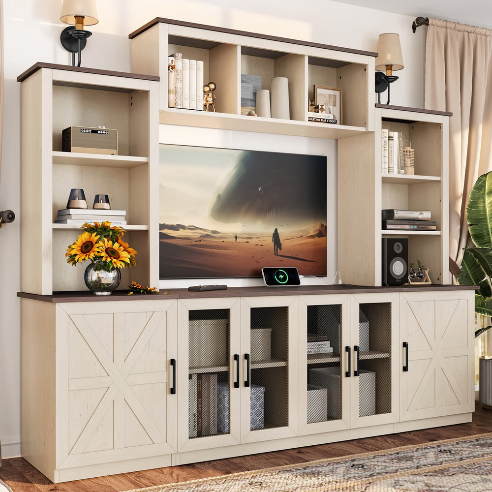 English Elm Wall Unit Entertainment Center with Built in Charging Mdf Media Console Open Shelving Beige W1580S00436