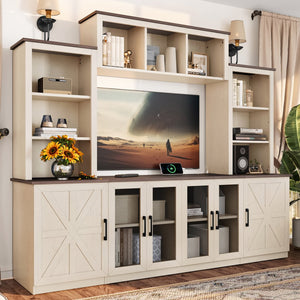 English Elm Wall Unit Entertainment Center with Built in Charging Mdf Media Console Open Shelving Beige W1580S00436