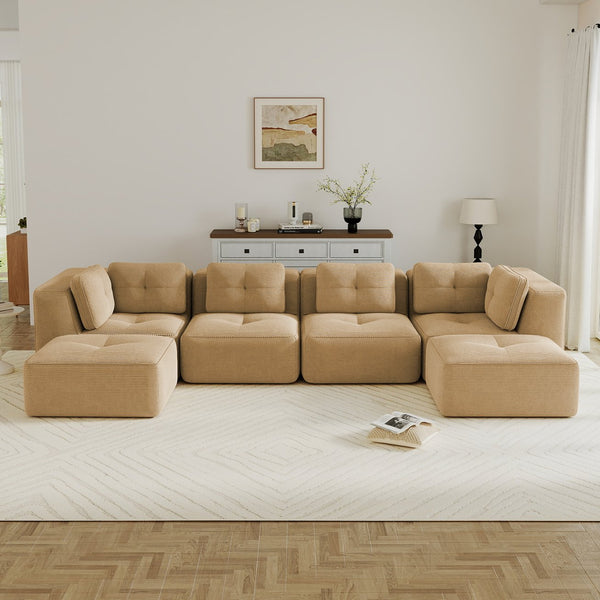 English Elm Modern Corduroy U-shaped Sectional with Deep Seating Two Ottomans Tufted Detail Camel W714S01788
