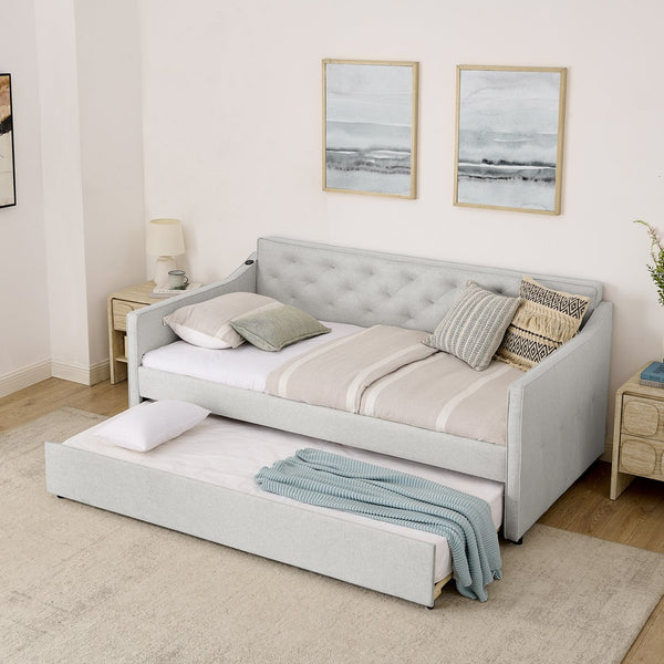 English Elm Twin Linen Tufted Daybed with Pop up Trundle and Usb Port for Guest Rooms W1413S00129