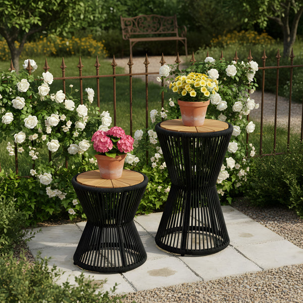 English Elm Scott Living Nara Outdoor Acacia Wood Side Tables with Woven Rope Iron Frame Set Black,Teak N770PS2354692B