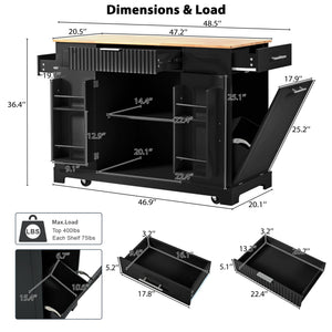 English Elm K&k Rolling Kitchen Island Rubber Wood Top Fluted Cabinet Built-in Charging Station Black N707S221571B
