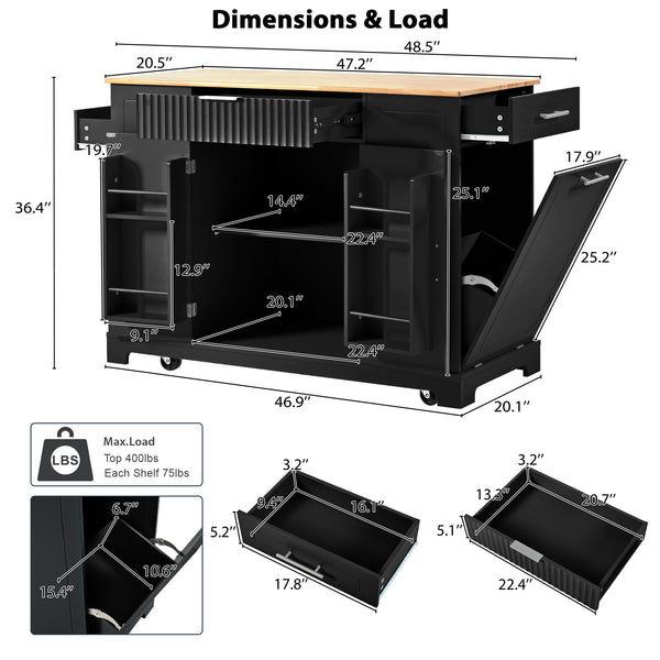 English Elm K&k Rolling Kitchen Island Rubber Wood Top Fluted Cabinet Built-in Charging Station Black N707S221571B