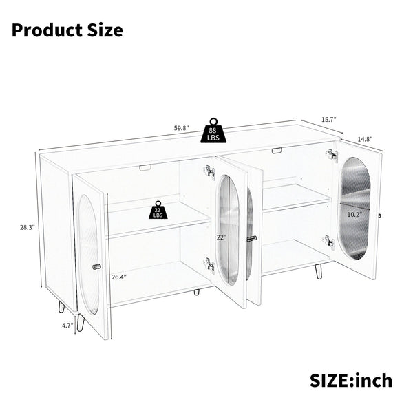 English Elm Buffet 60" Sideboard Cabinet with 4 Acrylic Doors, Adjustable Shelves, Sturdy Metal Legs, White W578P186748