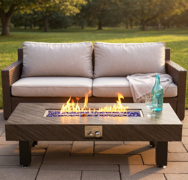 English Elm 54_inch Iron Fire Pit Table Stone Finish with Stainless Burner, Propane Powered, Spacious Patio Centerpiece Black W3131P277181