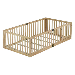 English Elm Twin Montessori Floor Bed Solid Rubber Wood with Safety Fence Rails Toddler Room W504P411198