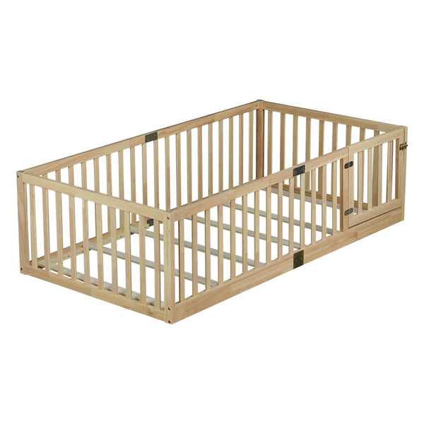 English Elm Twin Montessori Floor Bed Solid Rubber Wood with Safety Fence Rails Toddler Room W504P411198
