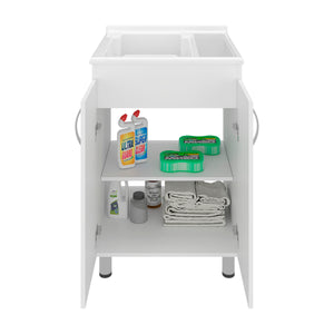 English Elm Dunn Freestanding Laundry Cabinet with Integrated Sink Two Shelves and White Finish B097S00268