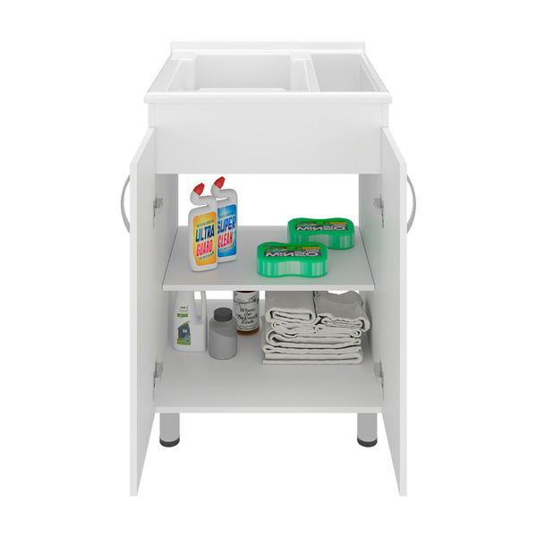 English Elm Dunn Freestanding Laundry Cabinet with Integrated Sink Two Shelves and White Finish B097S00268