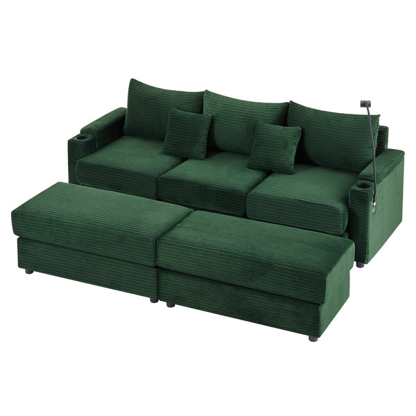 English Elm 95.3" Versatile 3-Seater Sectional Sofa With Smart Storage, Usb Ports, Cup Holders & Ottomans, Green N719S001613F