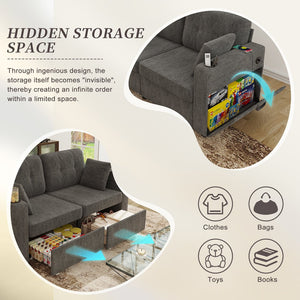 English Elm Sofas for Living Room Chenille Three Seat Couch with Usb Charging Storage and Cup Holder Gray W395S00143